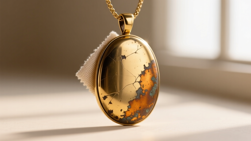 Tarnished gold-plated brass Mariana pendant polished with conservation wax and microfiber cloth to retain patina