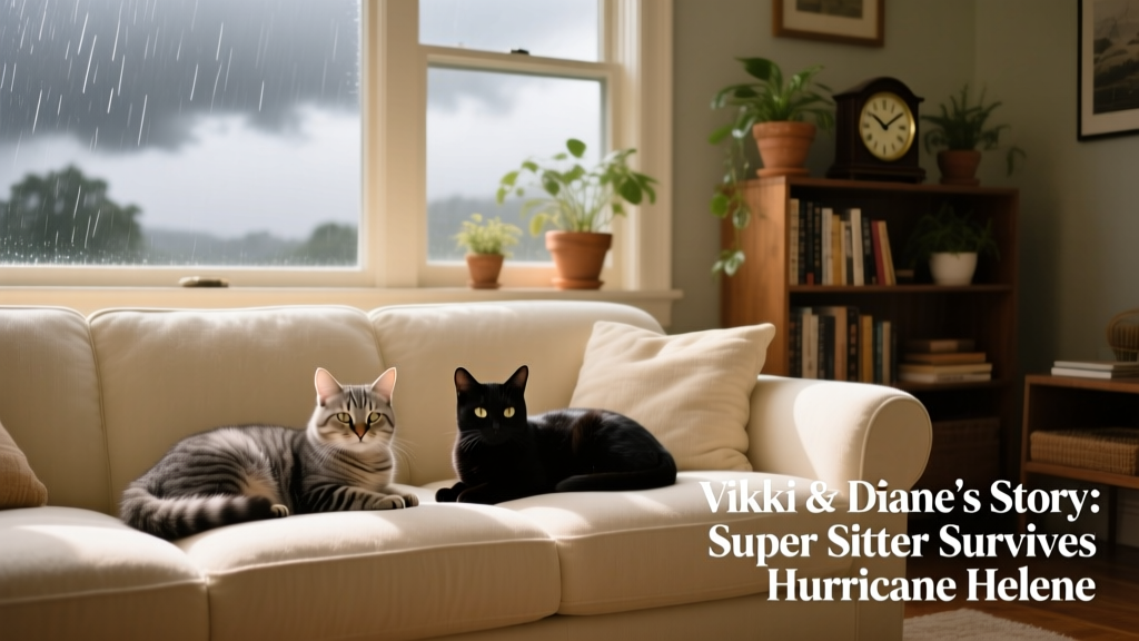 A cozy living room with two cats resting on a sunlit sofa, beside a window showing overcast skies