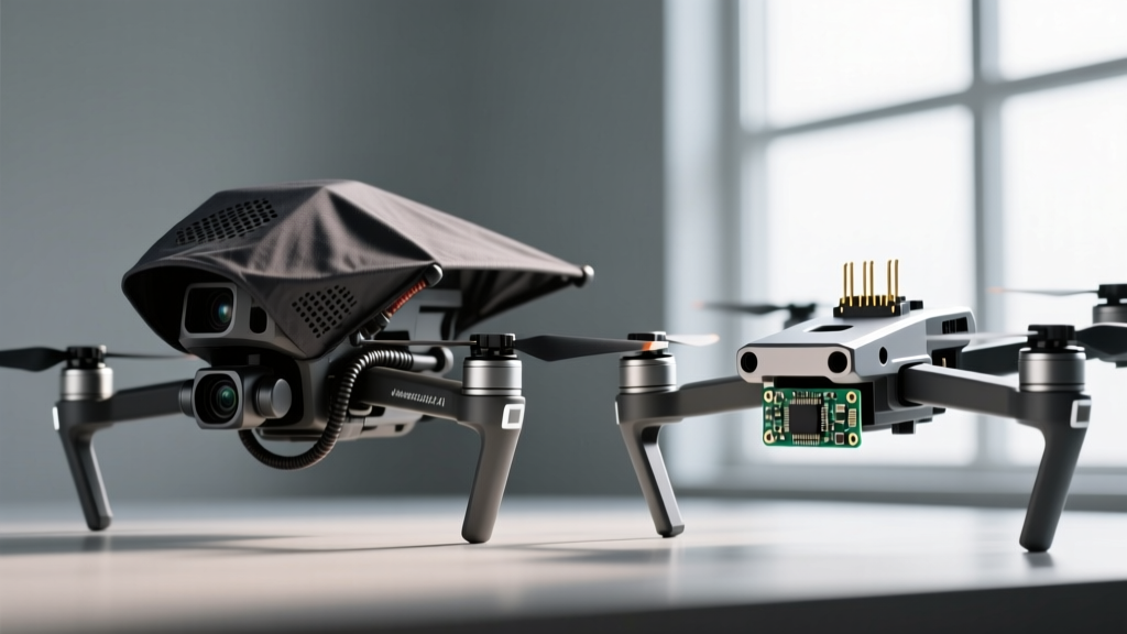 Comparing a traditional shrouded FPV camera canopy against a stripped-down nude VTX mount that saves four grams of total drone weight.