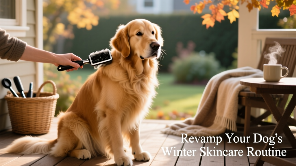 A golden retriever sitting calmly while a person gently brushes its thick, healthy coat with a slicker brush, showing smooth, tangle-free fur