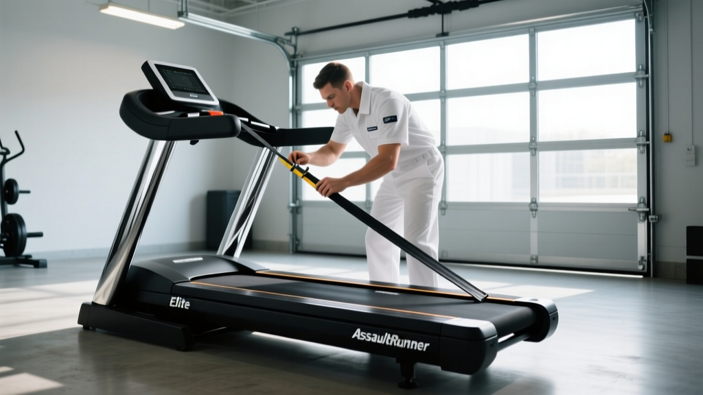 Technician measuring rubber slat belt tension on a black AssaultRunner Elite curved treadmill inside a brightly lit garage gym