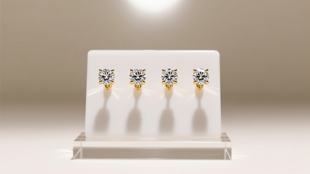 Minimalist museum-grade acrylic gold earring holder stand displaying diamond stud earrings under soft, directional gallery lighting