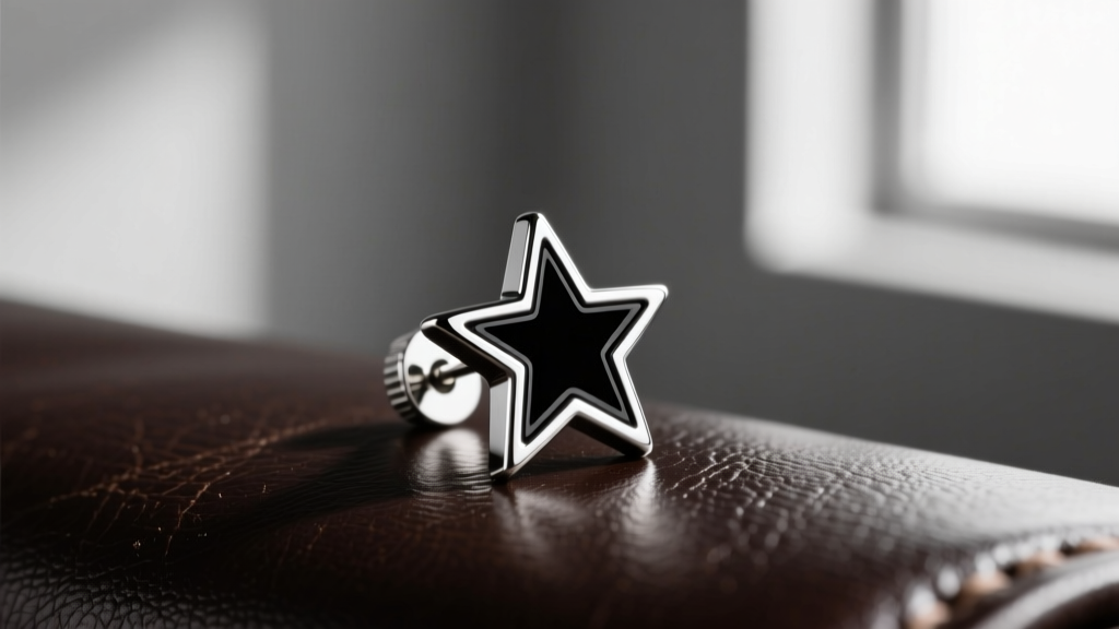 Macro shot of an 8mm silver three-pointed star automotive logo stud earring with black enamel resting on dark leather.