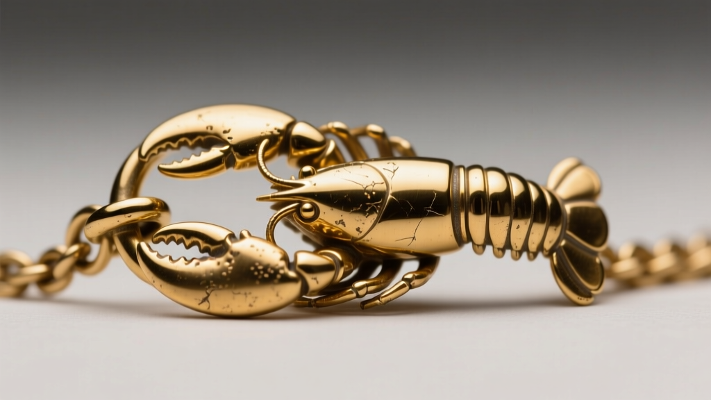 Macro close-up of a gold-plated brass necklace lobster clasp showing minor wear on the electroplated finish near the jump ring.