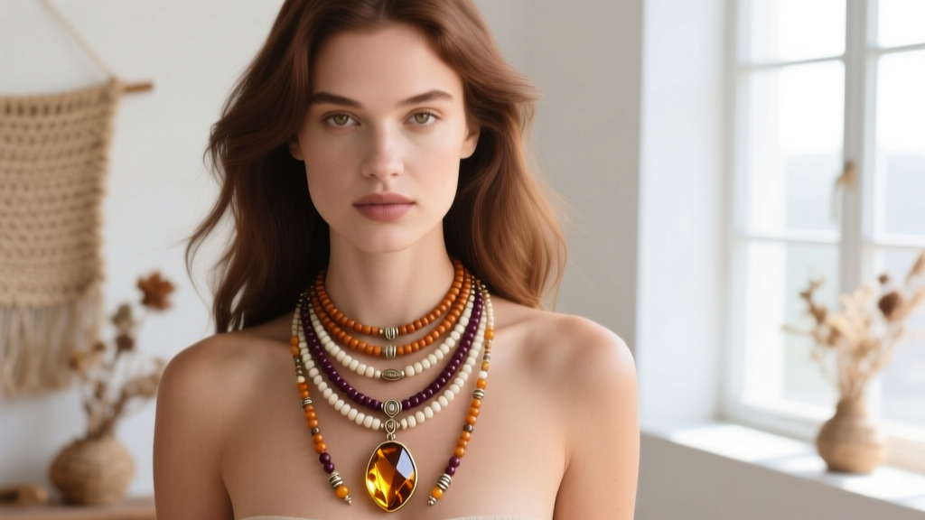 Model wearing a three-tier layered boho beaded necklace stack with varying lengths of seed beads and a large amber pendant