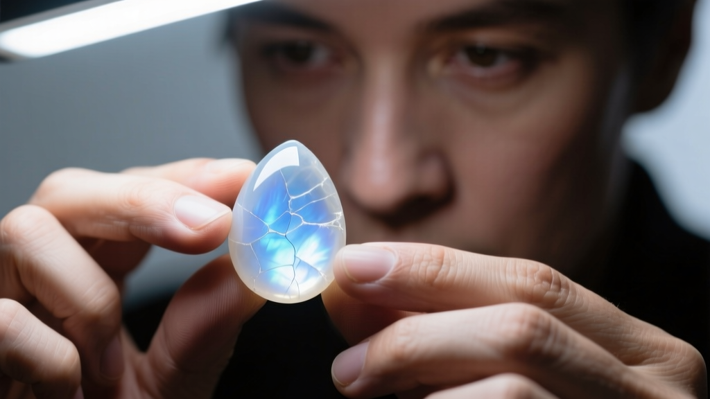 Jeweler examining the adularescence and internal cracks of a moonstone teardrop cabochon under bright LED studio lighting.