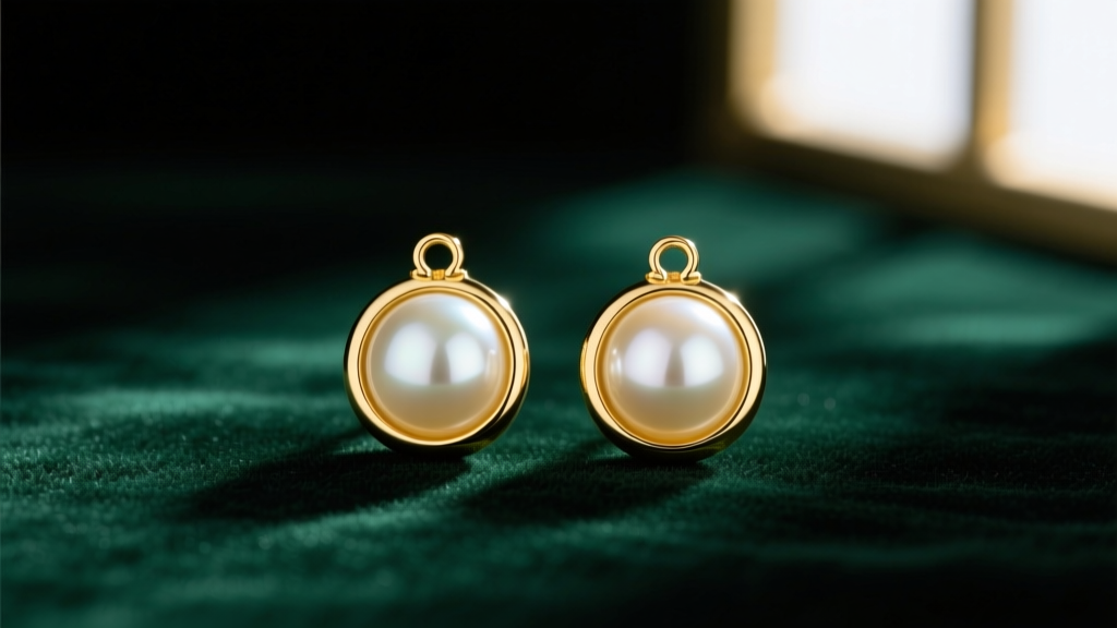 Mid-century 14k yellow gold omega-back earrings with 8mm cream Akoya pearls on dark emerald velvet in soft lighting.