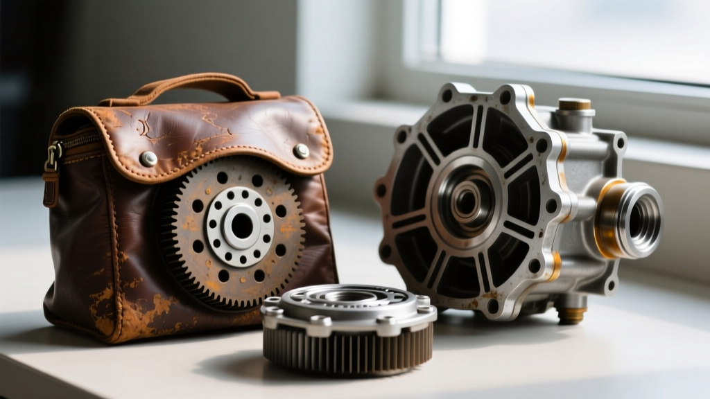 Close up view of a worn 3-4 clutch pack and a hardened aftermarket sun shell next to a standard General Motors 4L60-E component