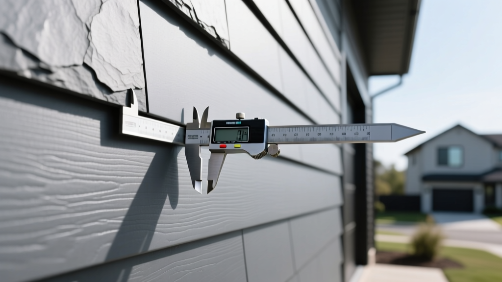 Slate gray insulated vinyl siding measured with digital calipers to verify panel thickness on a modern residential exterior wall