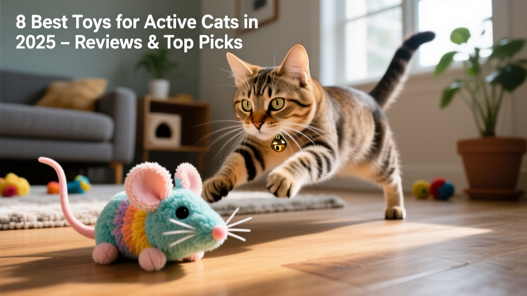 A playful cat pouncing on a plush mouse toy with crinkly ears and a jingle bell inside