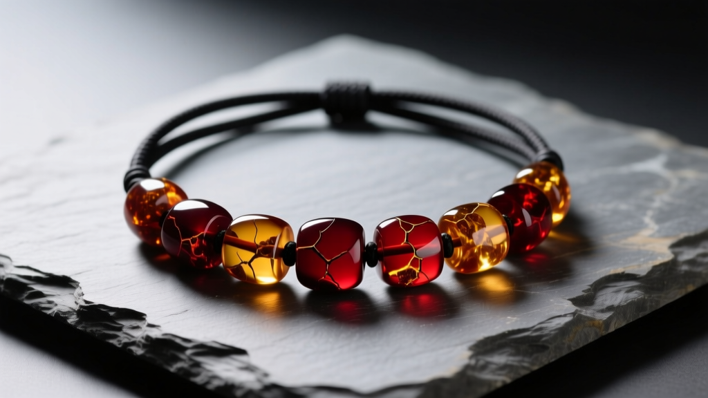 Rugged mens necklace with large, dark red Baltic amber beads on a black cord, resting on slate in soft, moody studio lighting.
