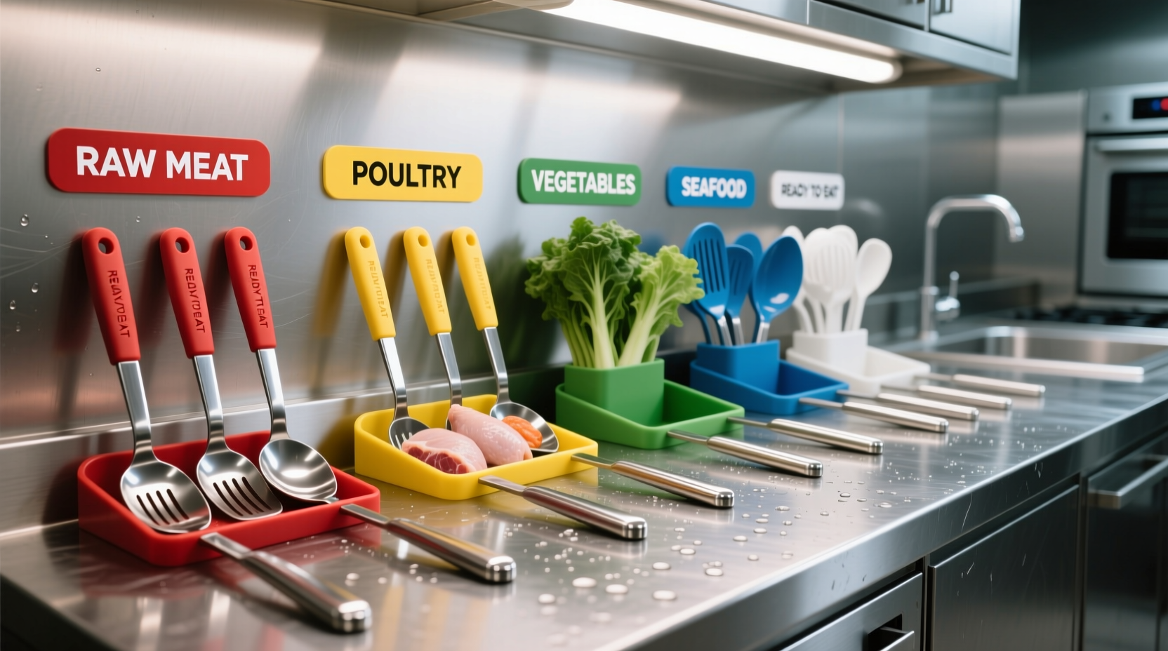 Color-coded food handling utensils on stainless steel surface