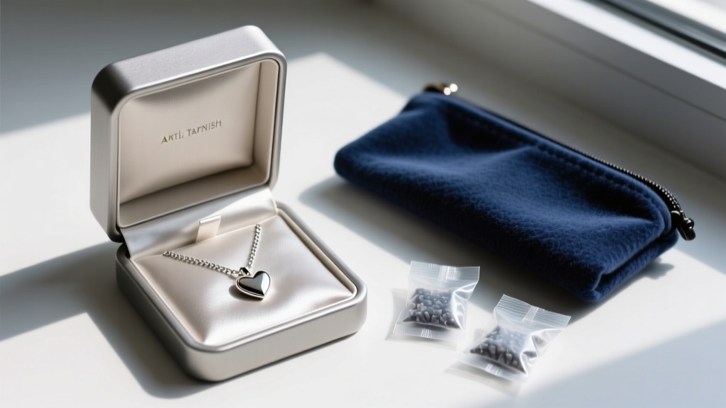 An open anti-tarnish jewelry box containing a heart pendant necklace, silica gel packets, and a treated flannel storage pouch