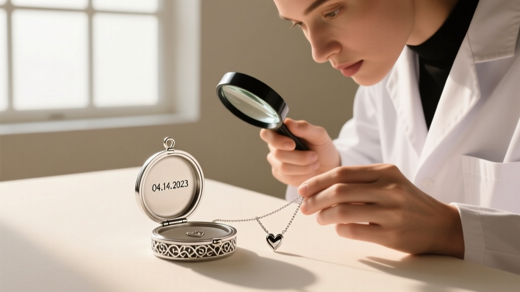 Jeweler examining a hidden engraving inside a sterling silver locket Valentine necklace, revealing a tiny custom date inscription.