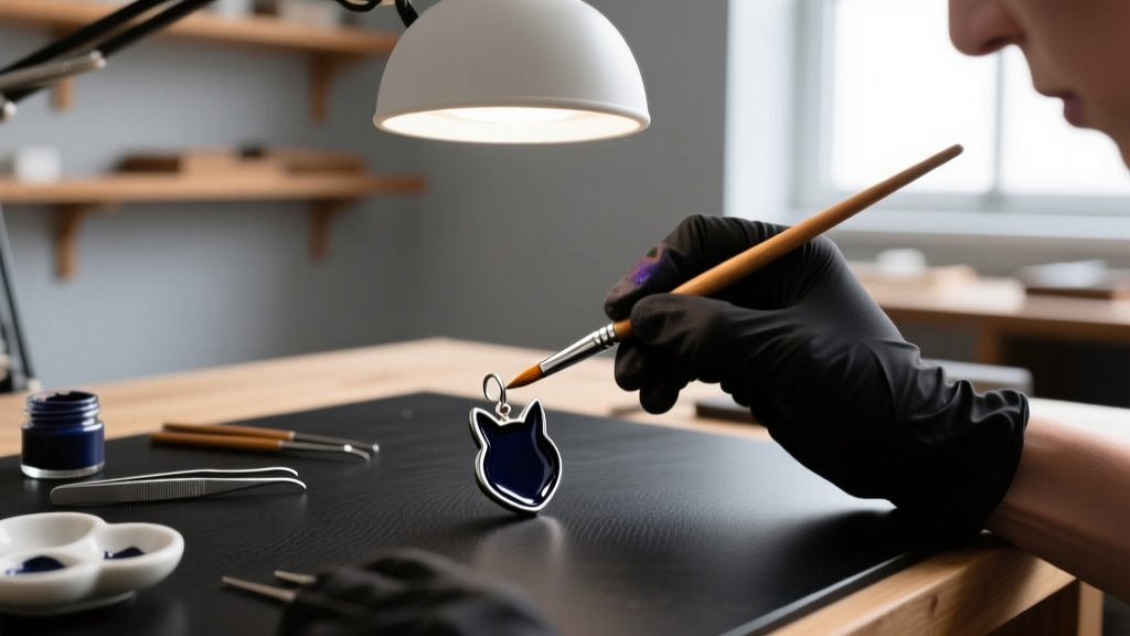 Jeweler applying dark enamel to a recessed cat dangle earring using a fine brush under a bright magnifying lamp in a craft studio