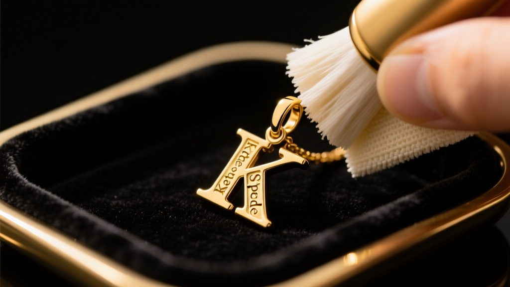 Microfiber cloth polishing a gold Kate Spade initial pendant on a dark velvet tray, close-up macro shot with warm lighting