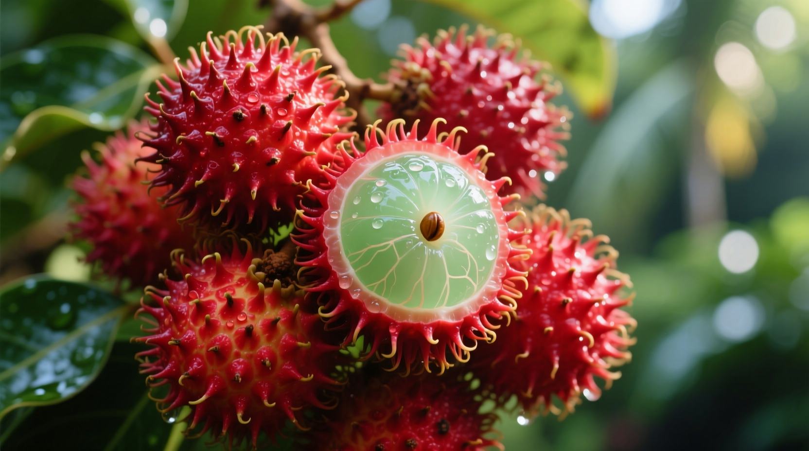 Ripe rambutans with spiky red exterior and translucent flesh