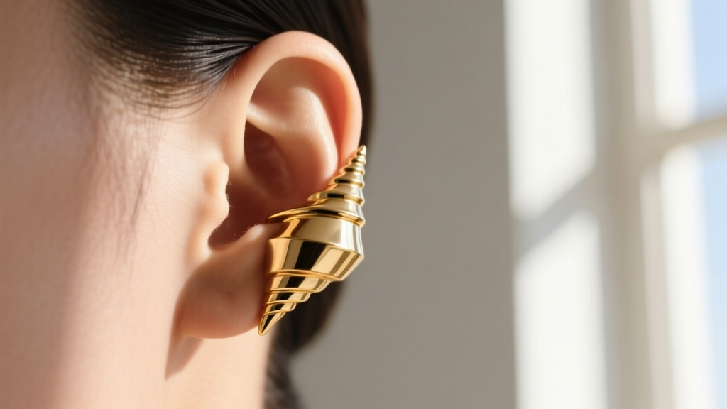 Side profile of a non-pierced gold conch ear cuff wrapped around inner cartilage, illuminated by bright natural daylight.