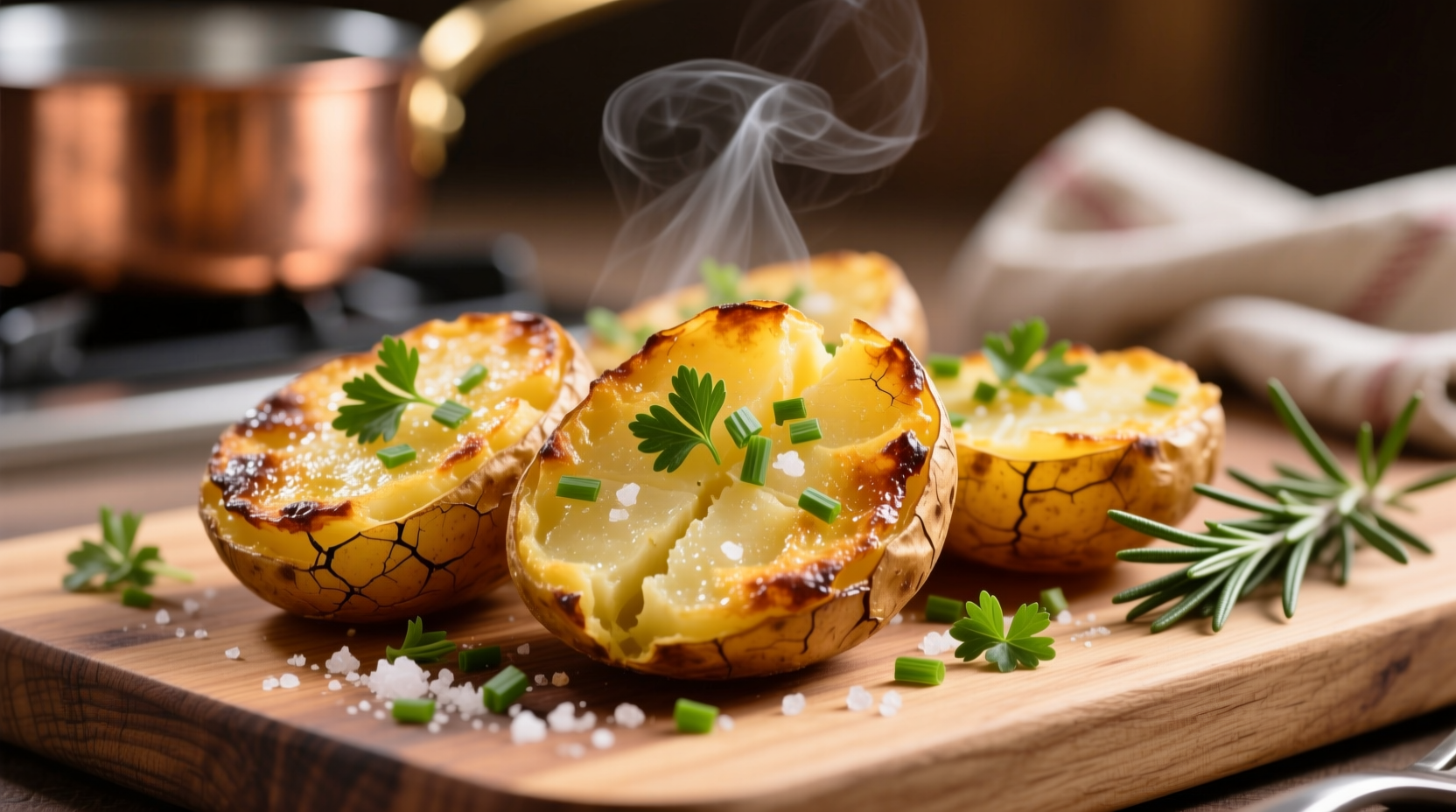 Golden crispy smashed potatoes with herbs