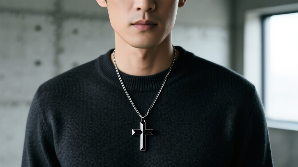 Man wearing a matte black tungsten cross pendant on a 2.5mm box chain layered perfectly over a dark charcoal cotton crewneck top.