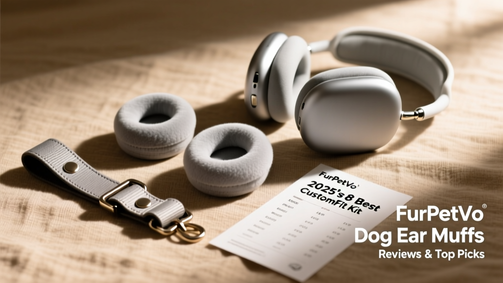 Close-up of FurPetVo CustomFit Kit components laid out: three ear cup sizes, adjustable strap, and printed sizing guide