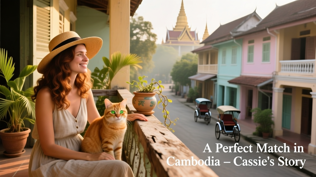 Cassie and Mavis relaxing together on a sunny balcony overlooking a quiet Cambodian neighborhood