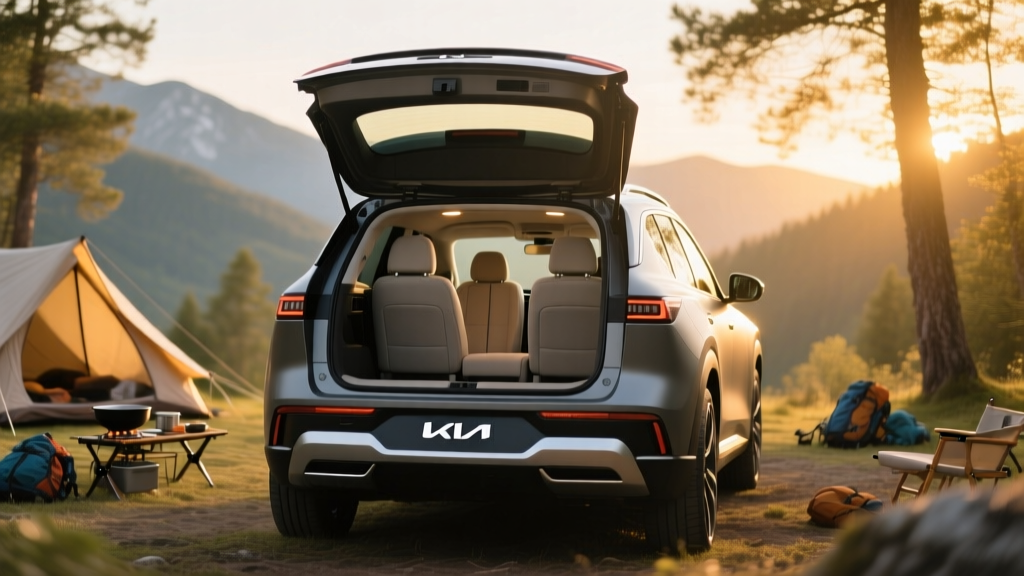Kia EV9 parked at a campsite with the rear hatch open displaying its expansive cargo area and 3-row seating configuration