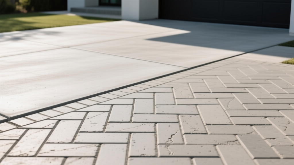Smooth broom-finished poured concrete driveway slab transitioning into a herringbone patterned high-density concrete paver surface