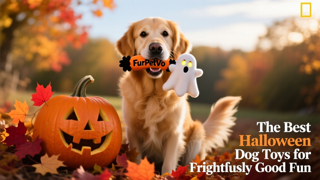 A happy dog holding a FurPetVo Halloween toy in its mouth while sitting beside a decorated pumpkin and autumn leaves