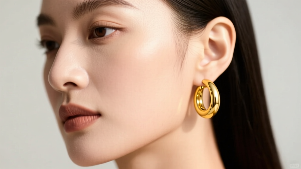 Close-up portrait of a woman wearing simple 18k yellow gold 20mm hoop earrings, soft natural lighting highlighting the earlobe.