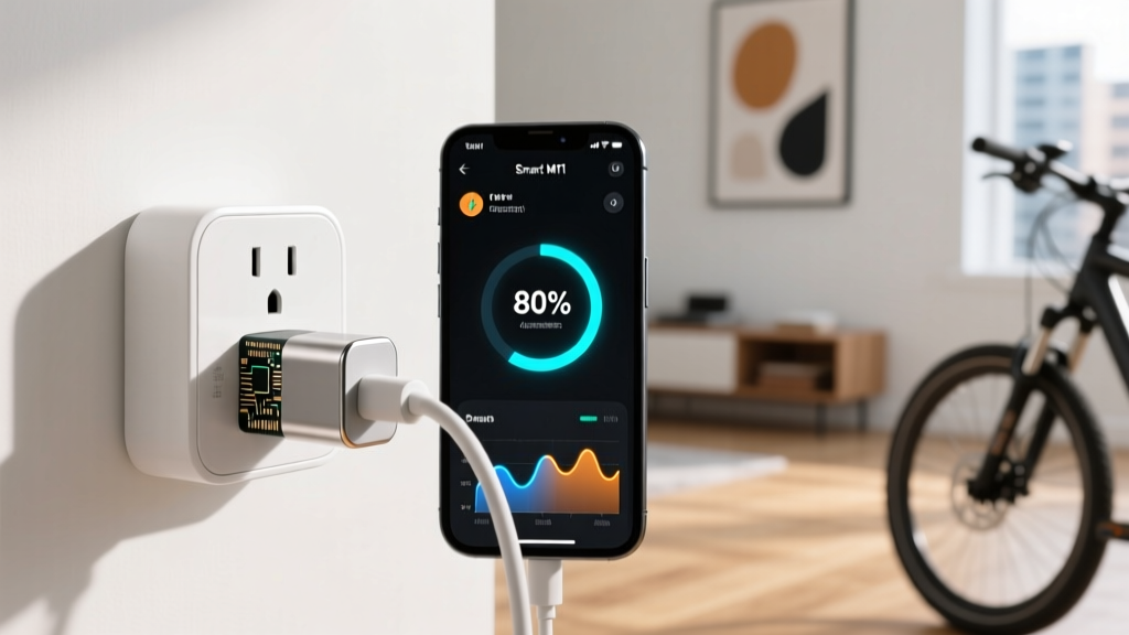 Close-up of a smart plug connected to an e-bike charger with a smartphone displaying power draw graphs and an 80-percent charging automation