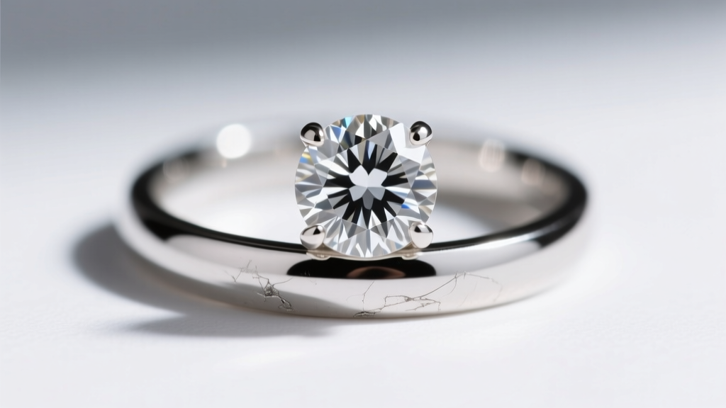 Macro shot of a 14k white gold engagement ring with a round diamond, showing slight rhodium wear on the lower shank edges