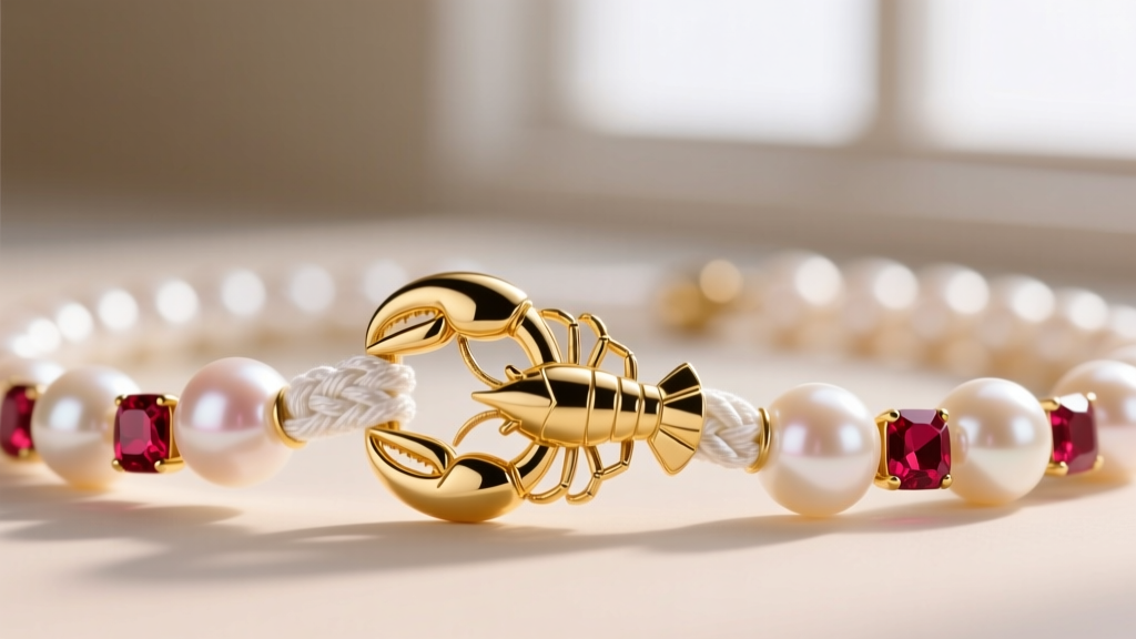 Close-up of an 18k yellow gold lobster clasp connecting hand-knotted white silk threads of a premium Akoya pearl and ruby strand.