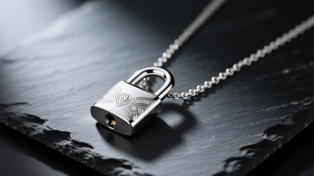 Sterling silver padlock pendant on a box chain resting on dark slate, with soft studio lighting highlighting the polished metal.