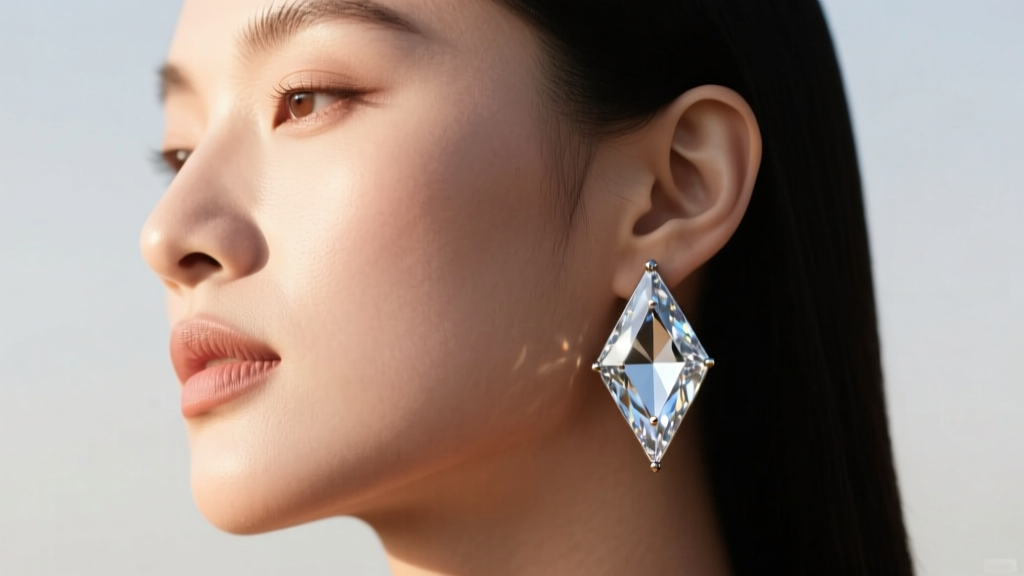 Close-up profile of a model with a round face shape wearing sharp, angular rhombus diamond shape earrings to elongate the jawline
