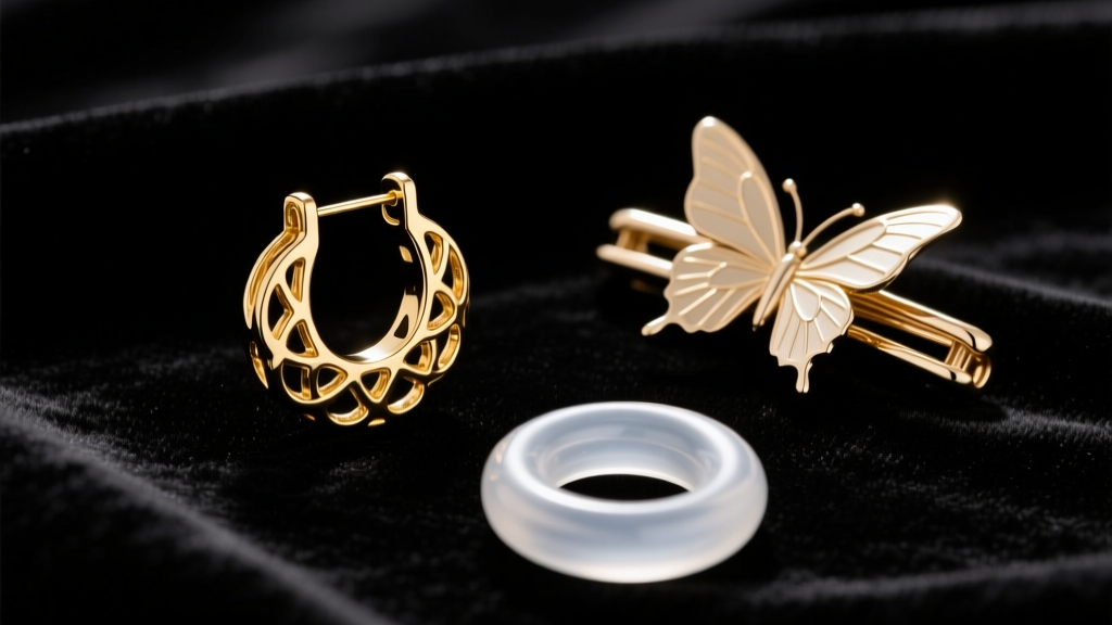 Macro shot on dark velvet showing a gold locking La Pousette earring back, a metal butterfly clutch, and a clear silicone O-ring.