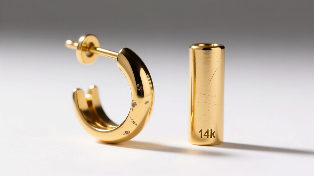 Close-up of a slightly bent pure gold earring post next to a rigid 14k gold post, displayed on a clean white studio background