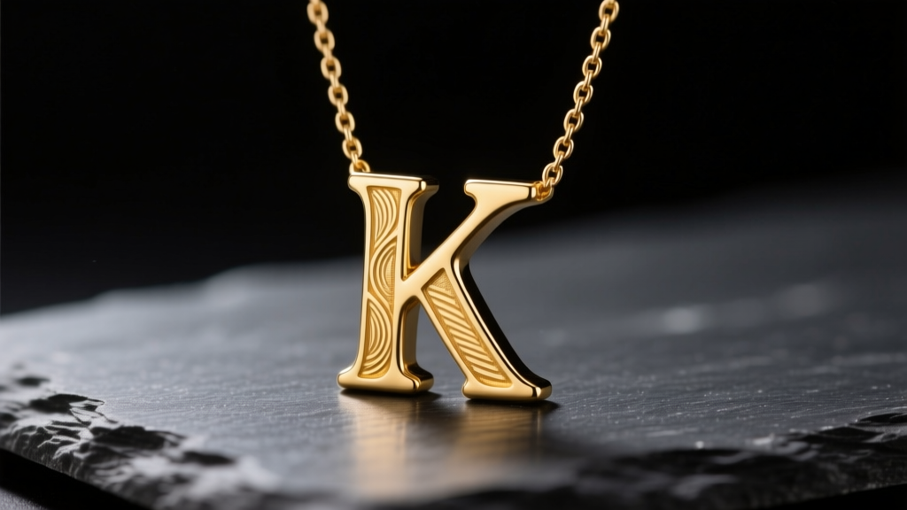 Close-up of a 14k yellow gold initial K necklace resting on a dark slate surface, illuminated by soft directional lighting.