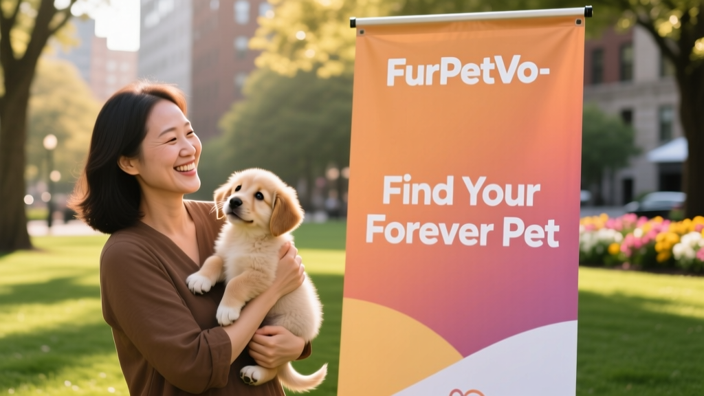 A person smiling as they gently hold a newly adopted puppy while standing beside a FurPetVo-branded adoption event banner