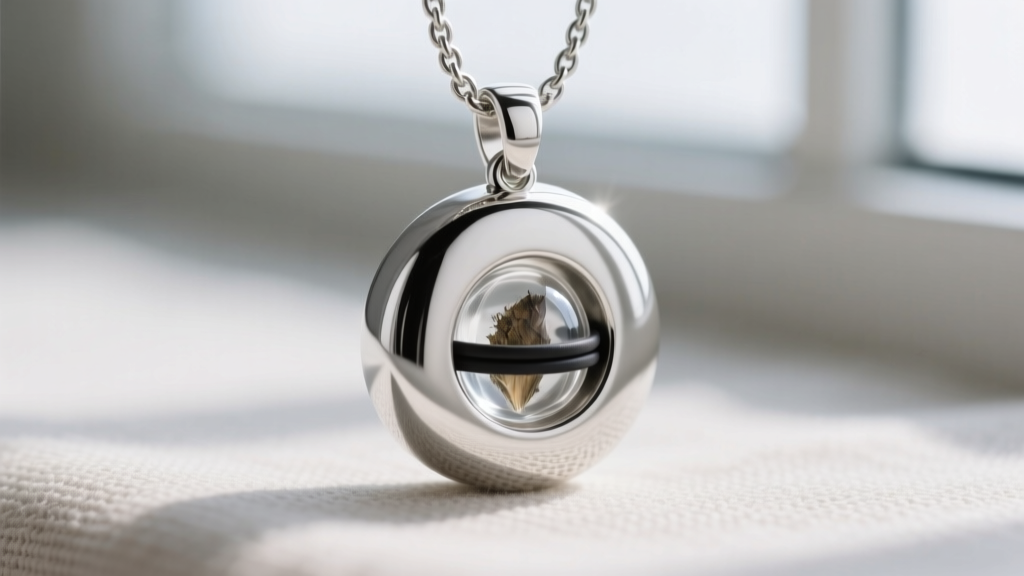 Macro focus on a sterling silver cremation keepsake pendant showing sealed ashes secured by a tiny internal rubber O-ring.