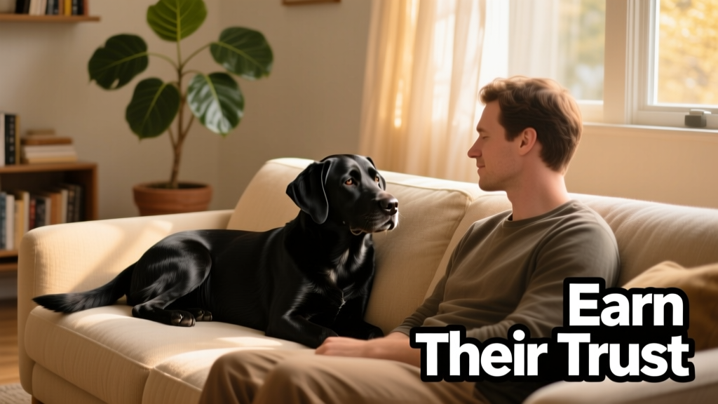A calm black Labrador sitting beside a person on a sofa, both relaxed and at ease