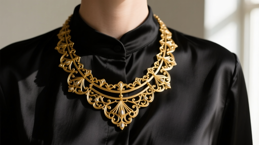 Restored mid-century Goldette bib necklace layered over a modern black silk blouse, highlighting vintage gold against dark fabric.