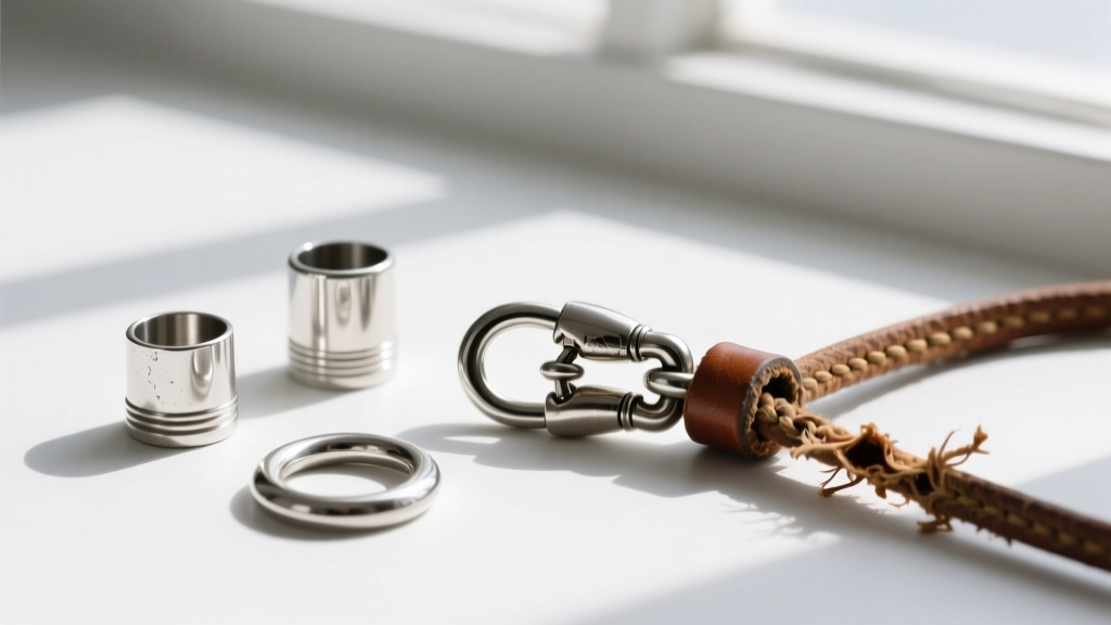 Disassembled sterling silver end caps, O-rings, and a lobster clasp next to a frayed 2mm leather cord showing glue failure