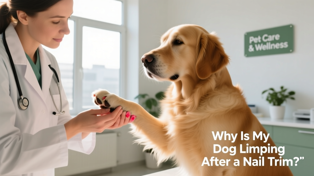 Veterinarian gently examining a dog's front paw while the dog remains calm and relaxed