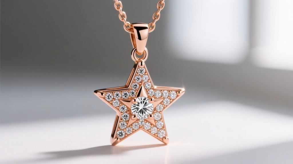 Close-up macro shot of an 18k rose gold shooting star pendant with pave diamonds, highlighting the prong settings and chain clasp