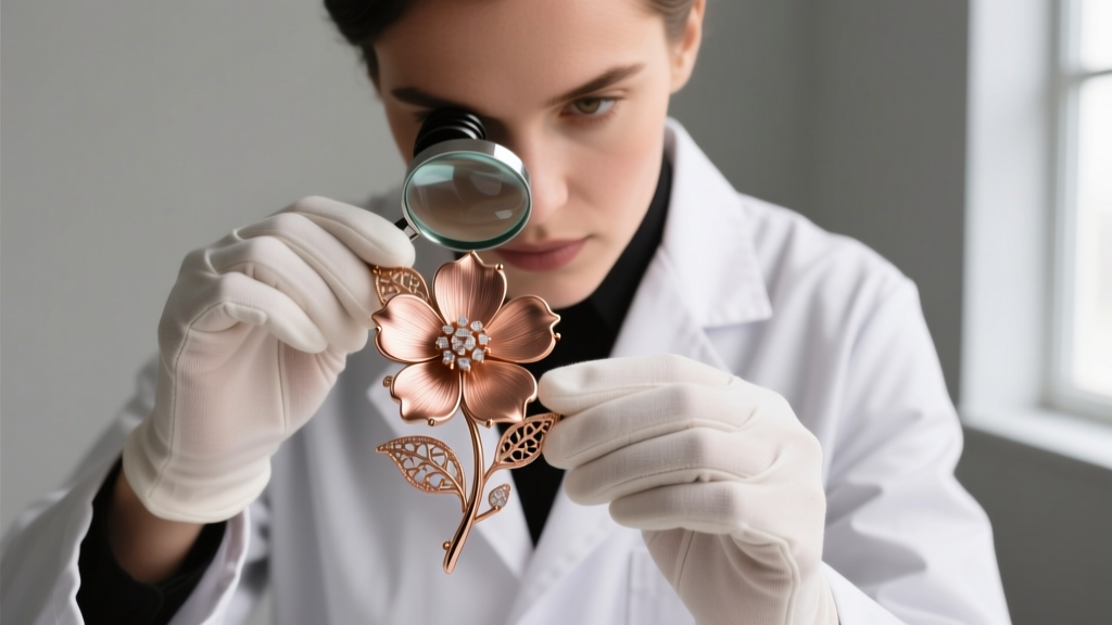 Jeweler using a 10x loupe to inspect porosity and prong wear on the delicate petal setting of a vintage rose gold floral brooch.