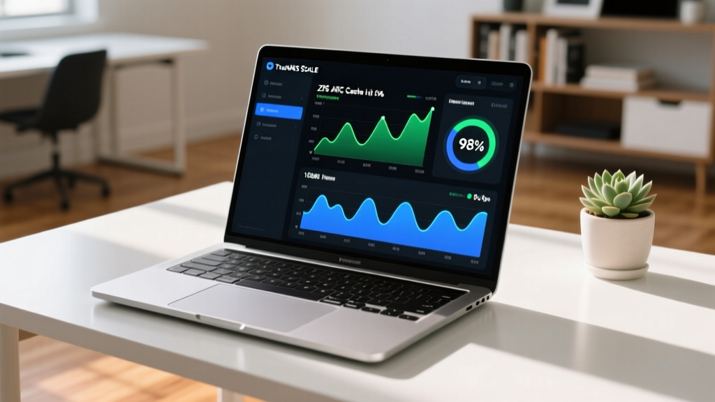 A laptop screen displaying the TrueNAS SCALE dashboard showing real-time ZFS ARC cache hit rates and 10GbE network throughput graphs during a massive file transfer.