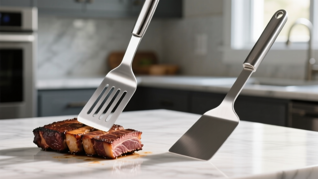 Side-by-side of a thin stainless steel grill spatula bending under a brisket versus a thick aluminum flipping tool holding firm