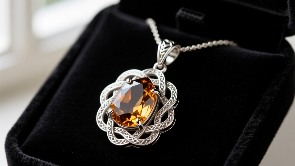 Close-up of a Scottish Merida necklace with Cairngorm quartz set in a 925 sterling silver Celtic knot pendant resting on dark velvet