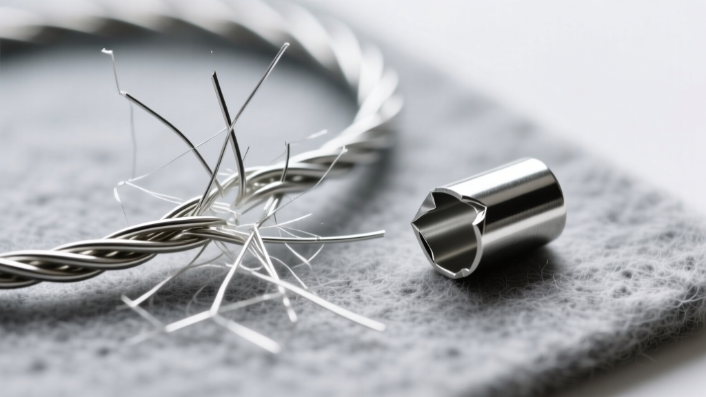 Macro shot of broken 49-strand beading wire fraying next to a crushed 2mm silver crimp tube on a gray felt mat.